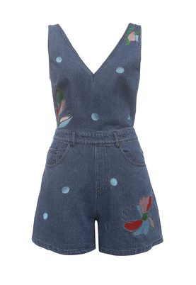 LOST INK   PLUNGE DENIM PLAYSUIT WITH EMBROIDERY