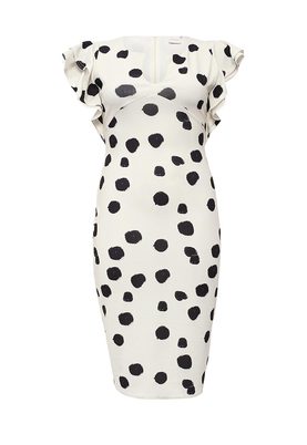 Just Joan  PENCIL DRESS WITH FRILL SLEEVE IN SPOT PRINT