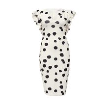 Just Joan  PENCIL DRESS WITH FRILL SLEEVE IN SPOT PRINT